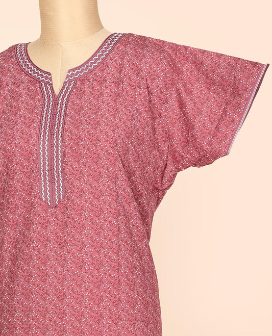Rosewood pink floral vine micro-printed & neck embroidery round neck cotton half-sleeve nighty