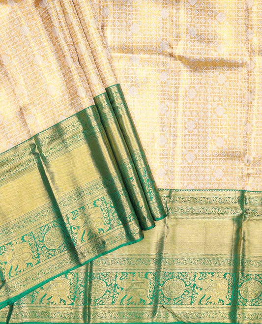 Sandal jacquard navarathna pavadai with contrast border & blouse of rekku,kathir,banaras,muthu,kodi visiry & yaanai