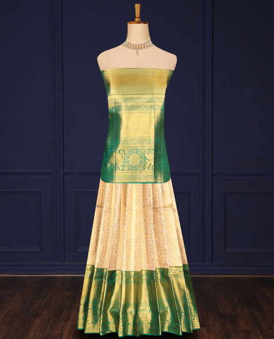 Sandal jacquard navarathna pavadai with contrast border & blouse of rekku,kathir,banaras,muthu,kodi visiry & yaanai