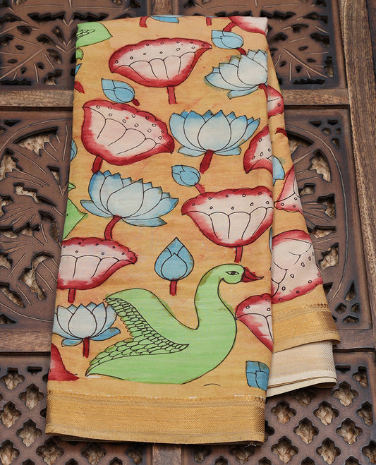 Sandal pichwai lotus & birds hand-painted pen kalamkari silksaree, traditional zari border & pallu of kalamkari peacocks