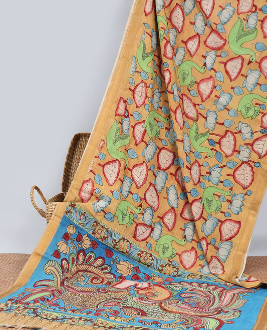 Sandal pichwai lotus & birds hand-painted pen kalamkari silksaree, traditional zari border & pallu of kalamkari peacocks