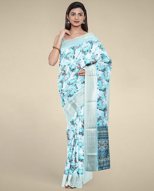 Blue abstract-style printed semi banaras dola saree, contrast border & pallu printed with intricate designs 