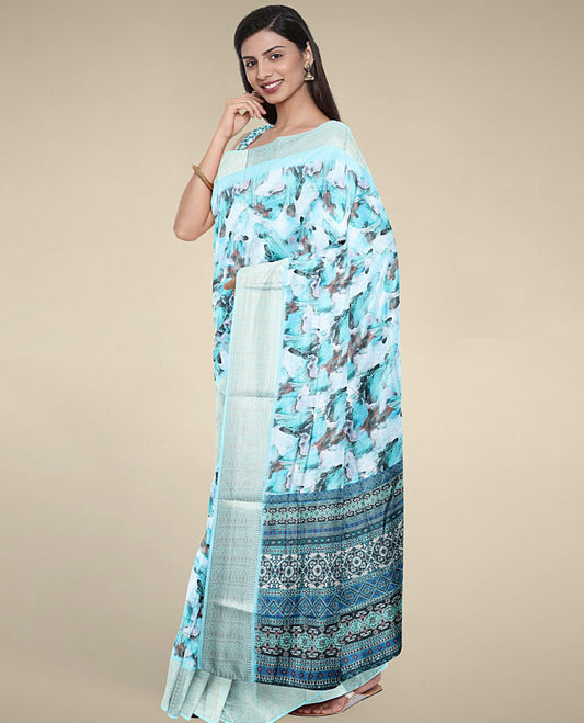 Blue abstract-style printed semi banaras dola saree, contrast border & pallu printed with intricate designs 