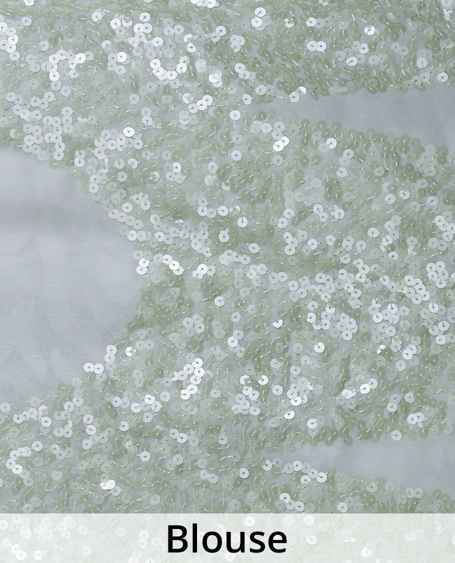 Pastel green georgette saree with floral vine designs sequins embroidered all over its body & pallu, sequins work border