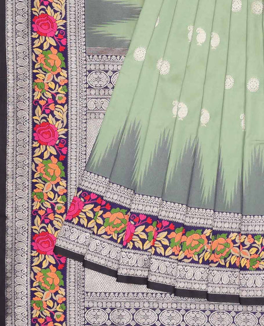 Green Semi banaras paithani saree with buttas,contrast vidarbha meenakari design border&pallu of traditional design