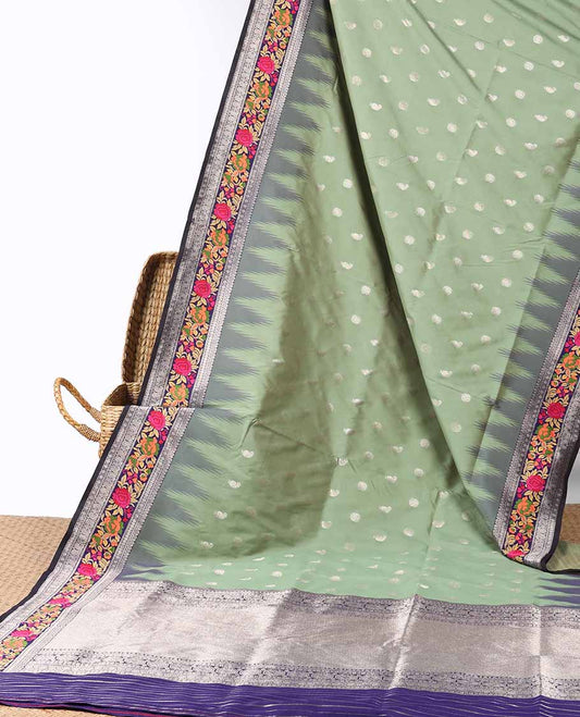 Green Semi banaras paithani saree with buttas,contrast vidarbha meenakari design border&pallu of traditional design