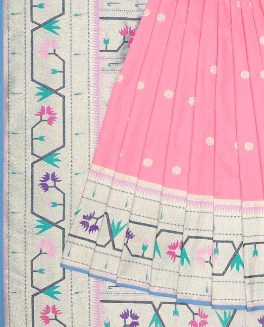 Pink Semi banaras paithani silk saree with buttas, contrast border & pallu of paithani-style intricate designs