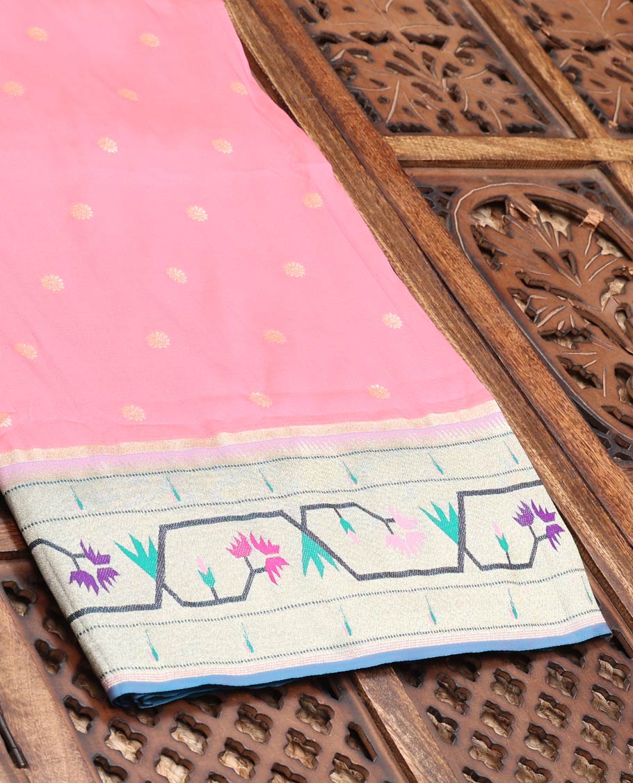 Pink Semi banaras paithani silk saree with buttas, contrast border & pallu of paithani-style intricate designs