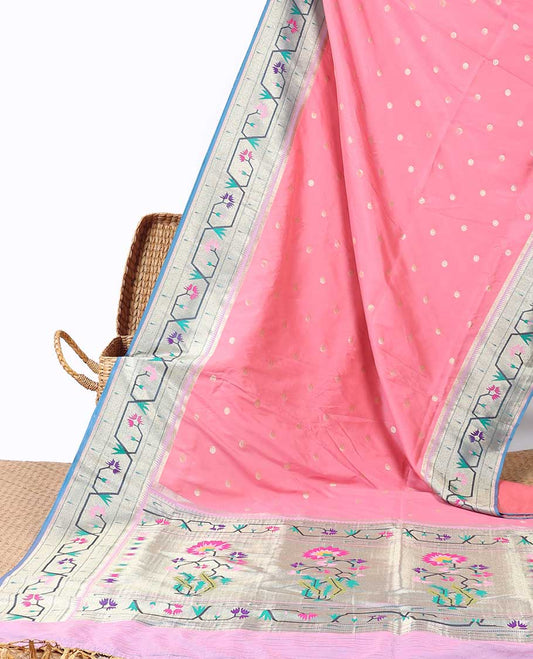 Pink Semi banaras paithani silk saree with buttas, contrast border & pallu of paithani-style intricate designs