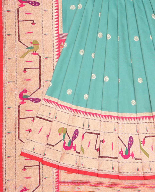 Green Semi banaras paithani silk saree with flower buttas, contrast paithani-style border&pallu of parrot&peacock design