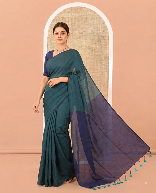 Borderless Peacock Blue and Navy Blue Plain Khadi Mul Cotton Saree, Highlighted by Captivating Contrast Colored Pallu, and Paired with a Contrast Blouse