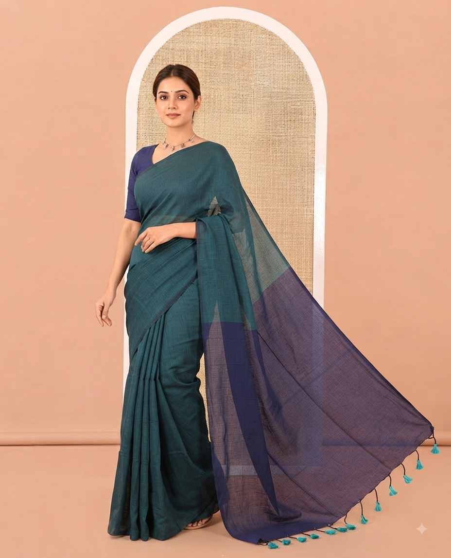 Borderless Peacock Blue and Navy Blue Plain Khadi Mul Cotton Saree, Highlighted by Captivating Contrast Colored Pallu, and Paired with a Contrast Blouse
