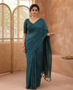 Borderless Peacock Blue and Green Plain Khadi Mul Cotton Saree, Highlighted by Captivating Contrast Colored Pallu, and Paired with a Contrast Blouse