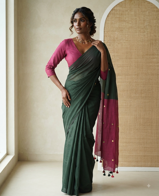 Borderless Green Khadi Mul Cotton Saree, Adorned with Sequins Work All Over Its Body, Complemented by Contrast Pallu of Sequins Work and Paired with a Contrast Blouse
