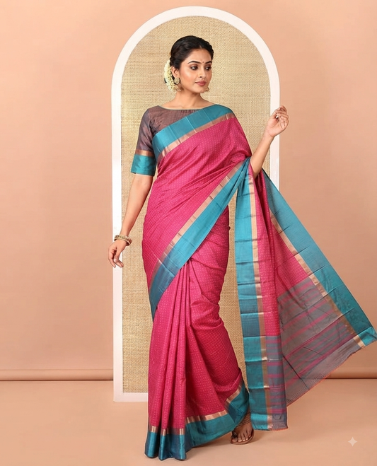 Rani Pink Art Soft Silk Saree, Steeped with Plus-Size Buttas All Over Its Body, Complemented by a Contrast Border, Subtly Striped Pallu, and Paired with a Contrast Blouse