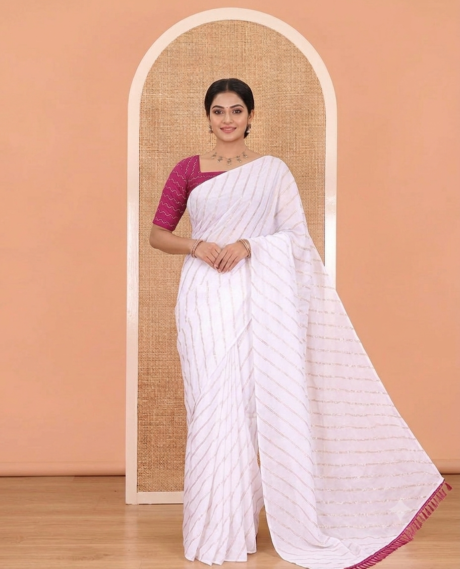 Borderless White-Purple Rangoli Chiffon Saree, Gleamed Up with Foil-Printed Leheriya Stripes, a Contrast Sequins Blouse