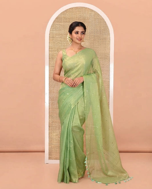 Borderless Lime Green Fendy Chiffon Saree, Gleamed Up with Sequin Work on Its Body, Highlighted by a Self-Pallu of Sequin Work, and Paired with a Matching Blouse