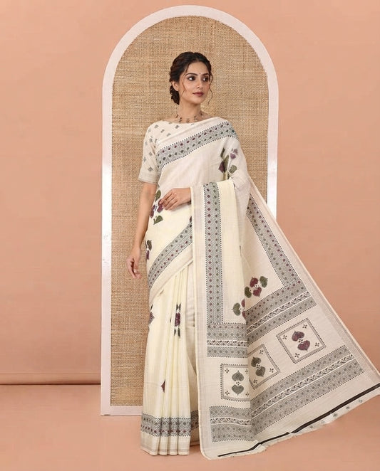 White Dola Silk Saree, Entralled  with Leaf Motifs Printed On Its Body, Highlighted by Self-Border of Zari and Print Work, Printed Pallu, and Paired with a Matching Blouse