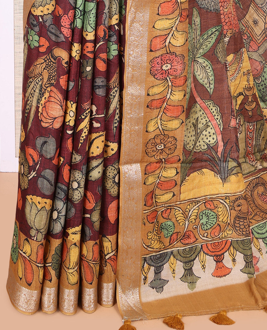 Maroon Kalamkari Printed Fancy Tussar Saree
