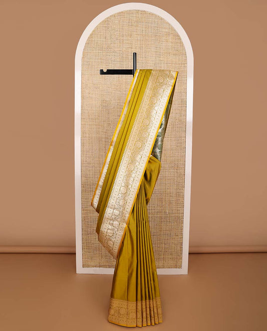 Mustard semi banaras nylon saree with self floral design border & floral ogee design pallu