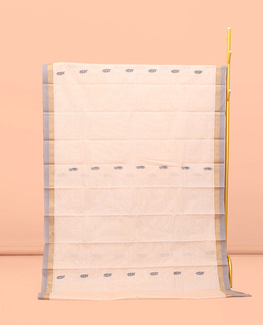 Cream Kanchi Cotton Saree, Bedecked with Buttas and Stripes All Over Its Body, Complemented by Contrast Border, Ogee Patterned Pallu, and Paired with a Matching Blouse