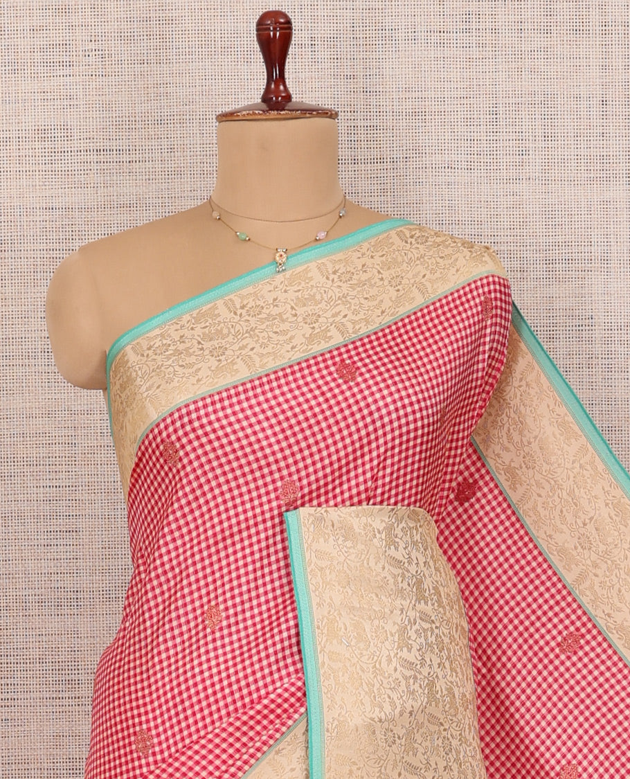 Red Micro Checks Fancy Mysore Silk Saree