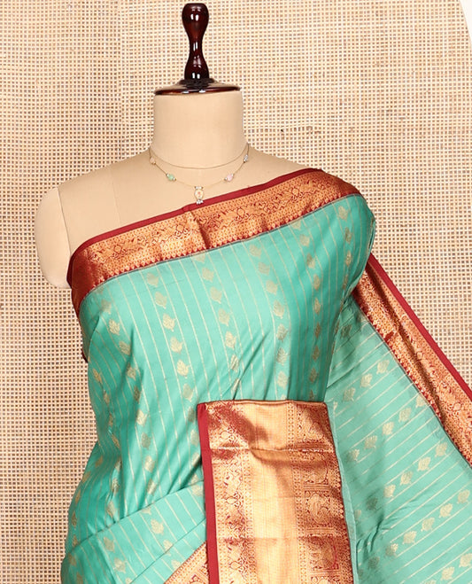 Turquoise Zari Stripes and Butta Gift Saree