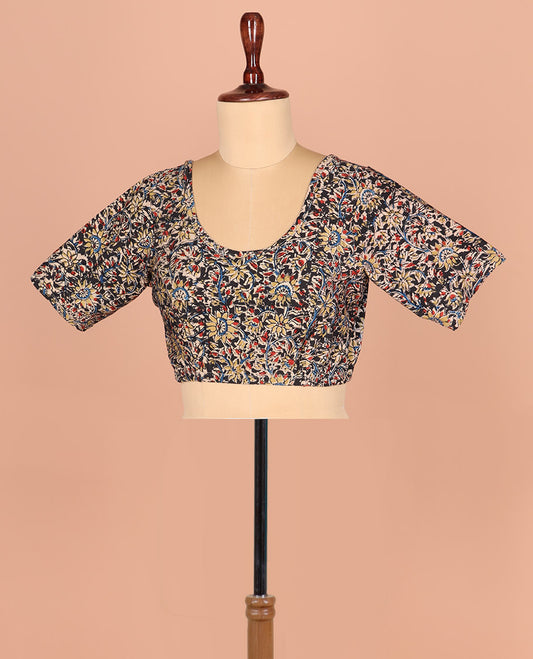 Black Readymade Blouse Accentuated with Floral Vine Prints, Featuring a Front Round-Neck, a Back Round Neck, and Elbow Sleeves