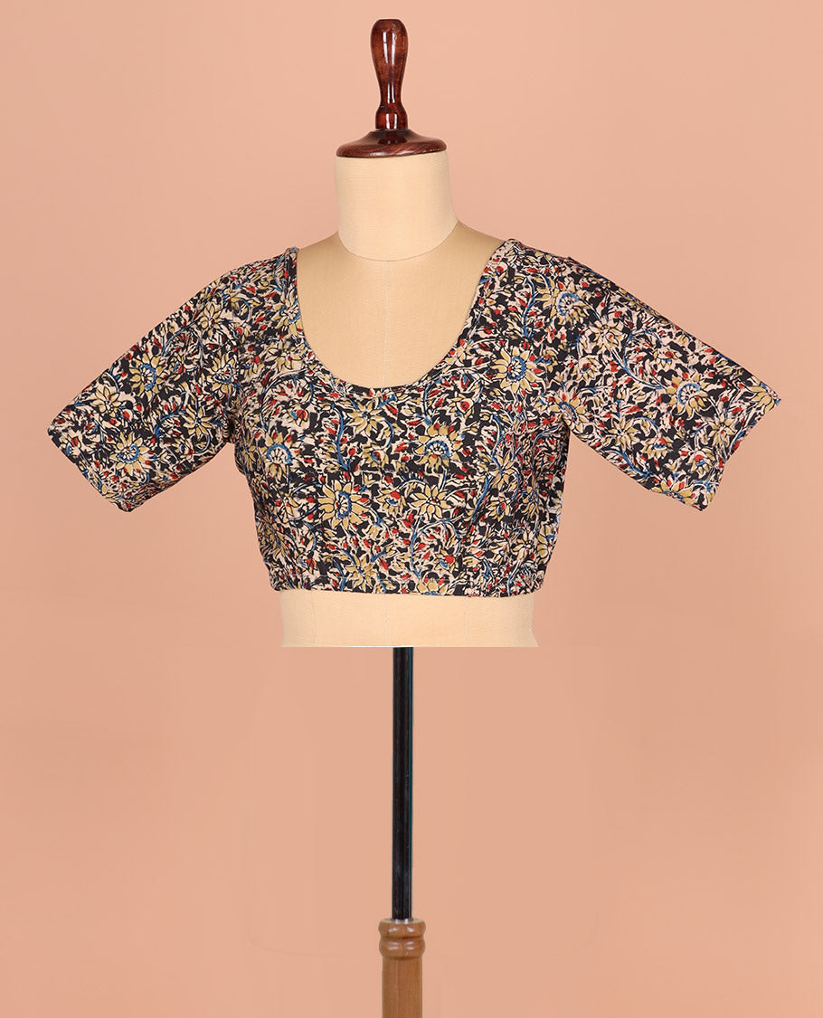 Black Readymade Blouse Accentuated with Floral Vine Prints, Featuring a Front Round-Neck, a Back Round Neck, and Elbow Sleeves