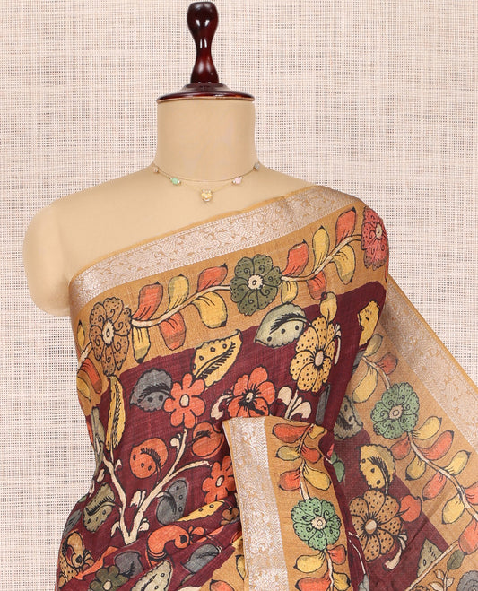 Maroon Kalamkari Printed Fancy Tussar Saree
