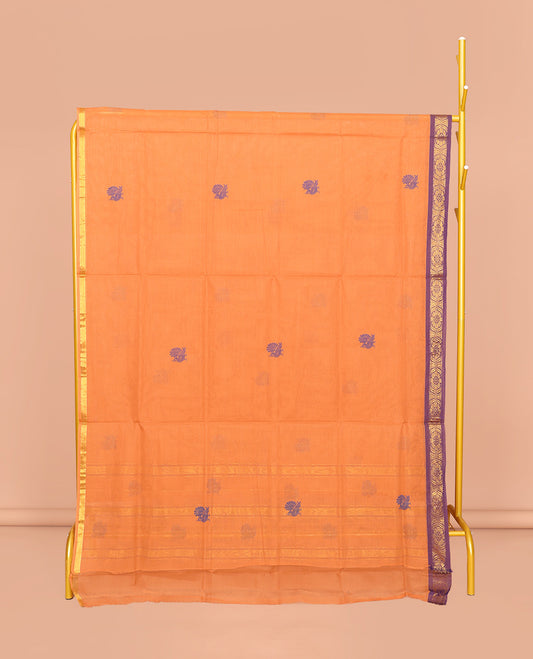 Orange Venkatagiri Cotton Saree, Adorned with Peacock Buttas, a Contrast Flower Zari Border, Pallu of Peacock Buttas and Stripes, and No Blouse