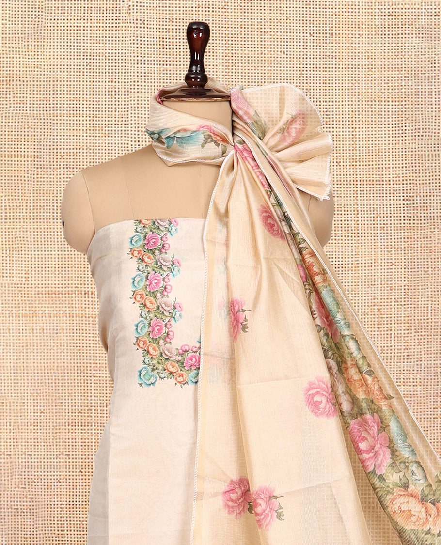 Gold-Chikku Tissue Material Churidar, Beautified with Rose Floral Printed Top, a Contrast Bottom, a Floral Printed Dupatta