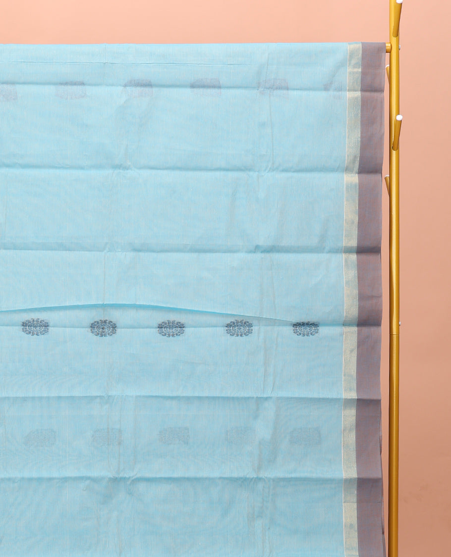 Blue Kanchi Cotton Saree, Featuring Buttas on Its Body, Contrast Border, Pallu of Jaal Design, and a Matching Blouse