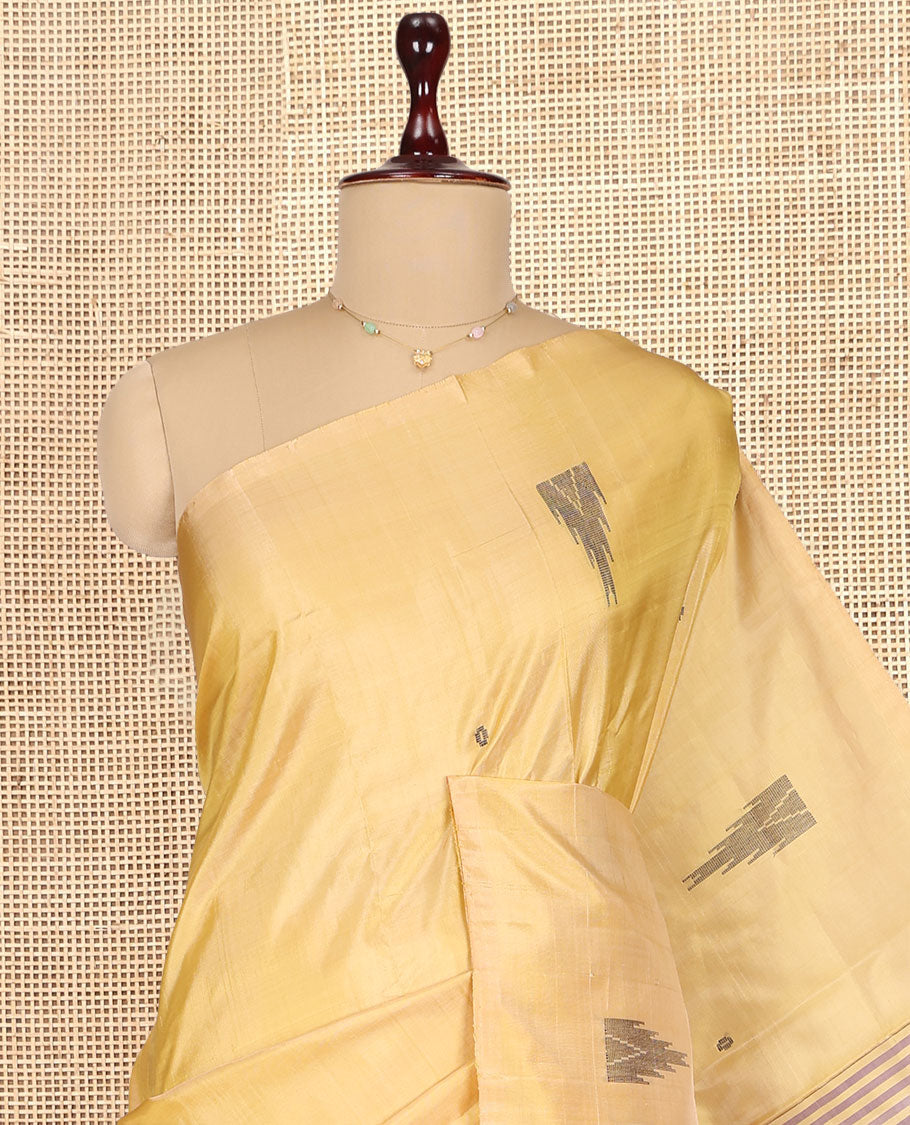 Borderless Gold Banana Pith Saree, Woven with Temple Buttas, a Contrast Pallu of Stripes and Temple Design, and a Contrast Blouse