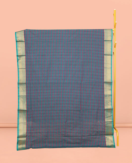 Blue-Red Chettinad Cotton Saree, Features Micro-Checks, Highlighted by Traditional Zari Border, Striped Pallu, and No Blouse
