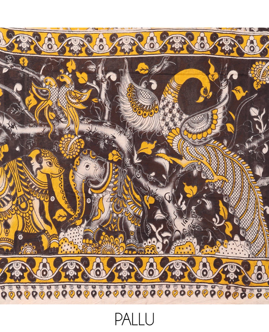 Yellow Kalamkari Cotton Saree, Embellished with Animal Motif Print, Contrast Printed Border, Kalamkari Animal Motifs Pallu, and a Contrast Blouse