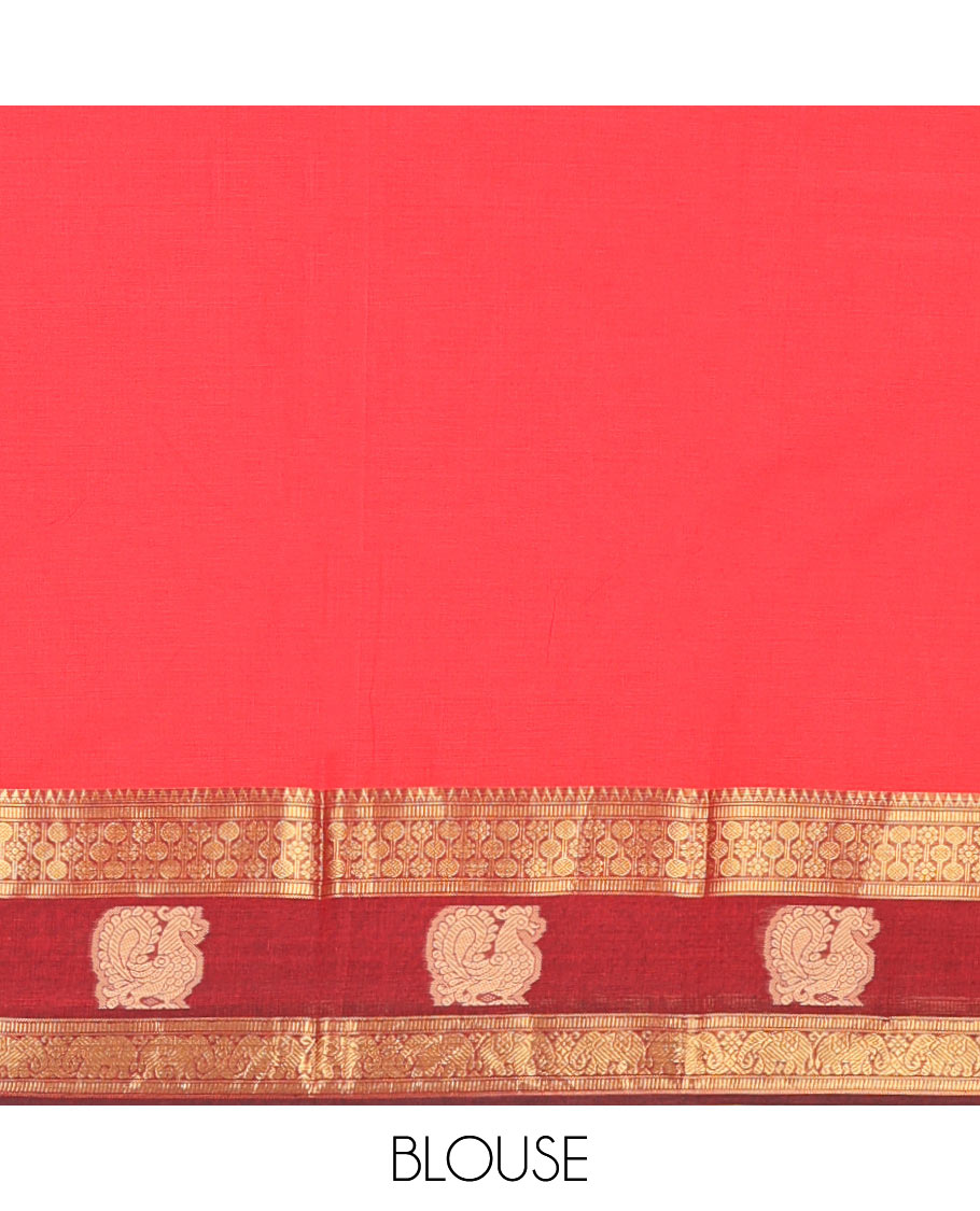 Red Plain Chettinad Cotton Saree, Complemented by a Contrast Traditional Zari Elephant-Peacock Border, Striped Pallu, and a Matching Blouse