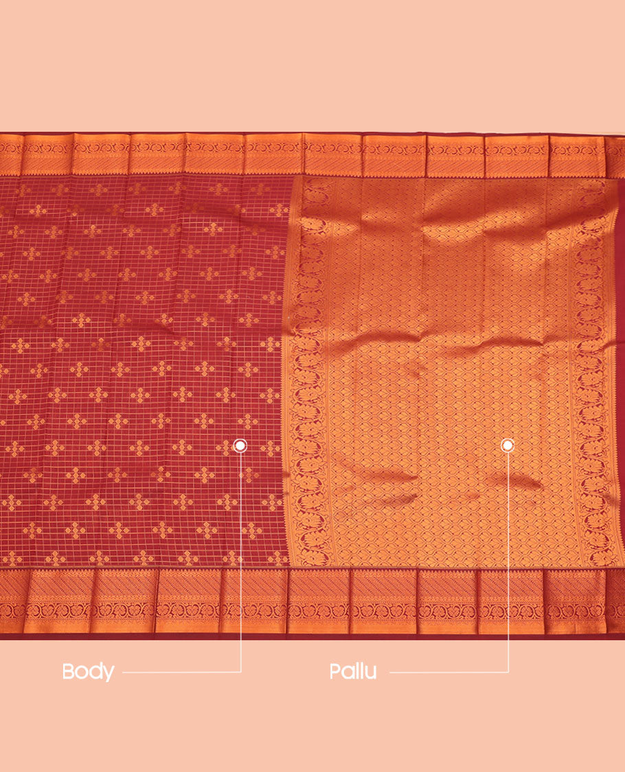 Maroon Budget Silk Saree, Ornamented with Zari Buttas and Checks All Over Its Body, Highlighted by a Traditional Zari Design Border, Grand Pallu, and Paired with a Matching Blouse