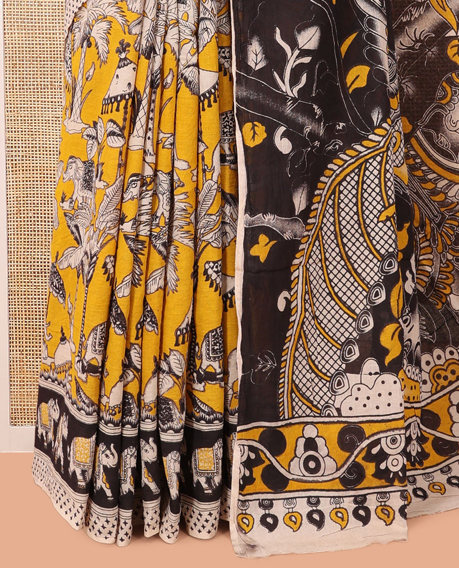Yellow Kalamkari Cotton Saree, Embellished with Animal Motif Print, Contrast Printed Border, Kalamkari Animal Motifs Pallu, and a Contrast Blouse