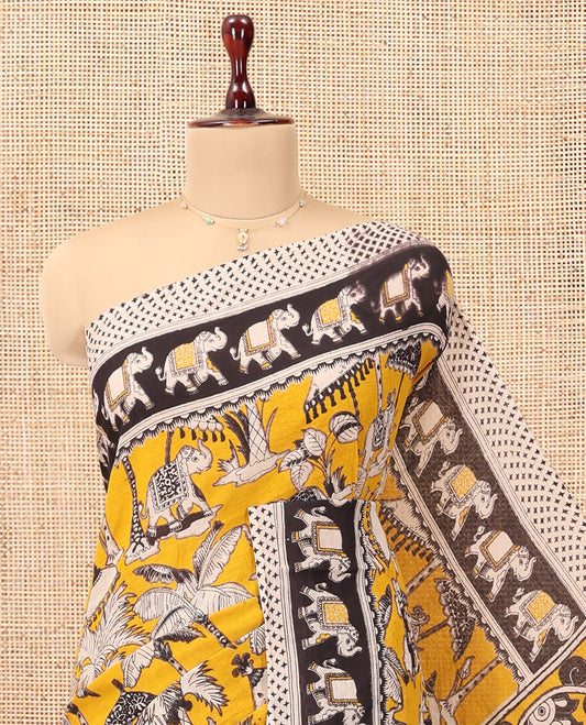 Yellow Kalamkari Cotton Saree, Embellished with Animal Motif Print, Contrast Printed Border, Kalamkari Animal Motifs Pallu, and a Contrast Blouse