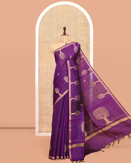 Purple Dupion Silk Saree, Boldly Accentuated with Tree Buttas, a Zari Border, Pallu of Tree Buttas, and a Matching Blouse