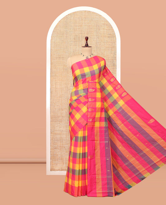 Borderless Multi-Color Checked Arani Saree Features Zari Buttas, a Pallu of Zari Stripes, and a Matching Blouse