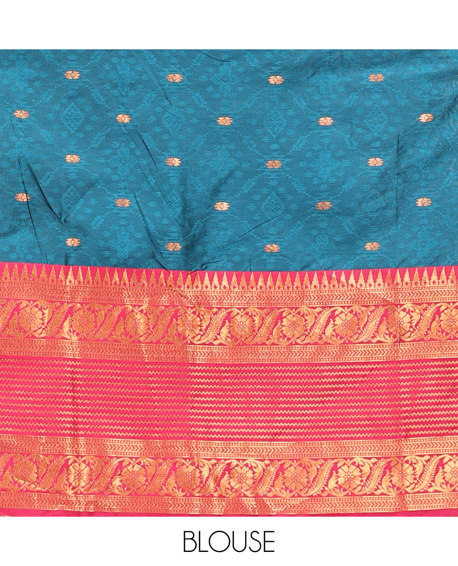 Blue Art Silk Half Saree, Delicately Woven with Embossed and Buttas Skirt, Contrast Traditional Border, Matching Blouse, and a Contrast Dhavani