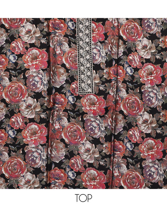 Black Material Chudidar Set, Adorned with Colorful Floral Motifs Print on Rayon Top, a Contrast Plain Cotton Bottom, and Paired with a Plain Chiffon Dupatta