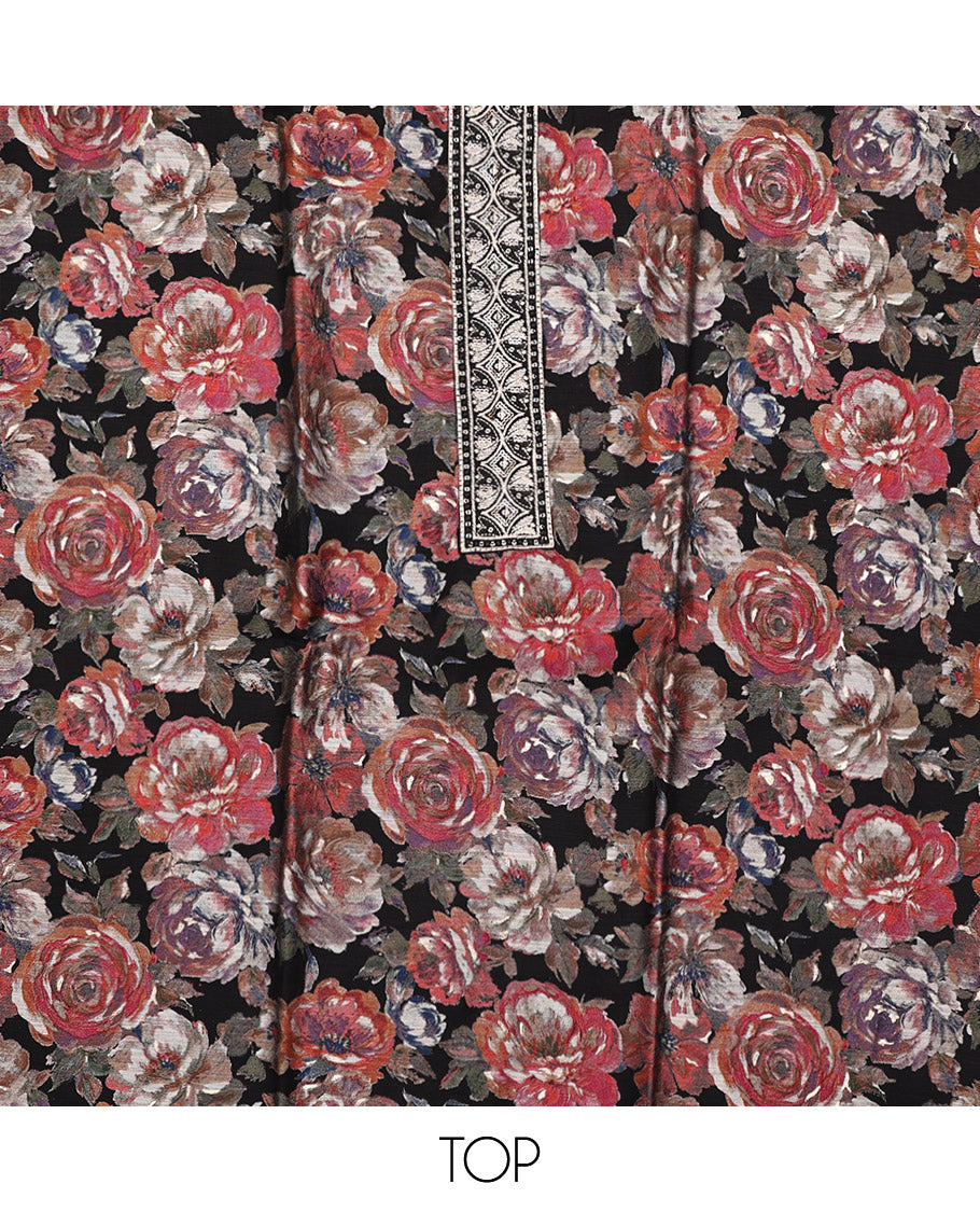 Black Material Chudidar Set, Adorned with Colorful Floral Motifs Print on Rayon Top, a Contrast Plain Cotton Bottom, and Paired with a Plain Chiffon Dupatta