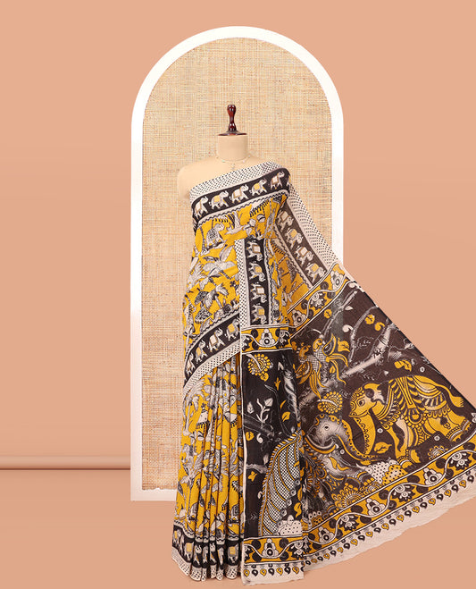 Yellow Kalamkari Cotton Saree, Embellished with Animal Motif Print, Contrast Printed Border, Kalamkari Animal Motifs Pallu, and a Contrast Blouse