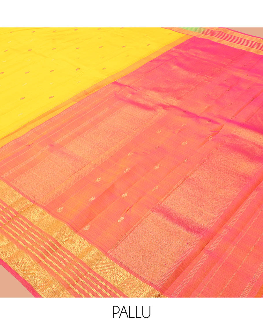 Orange Kanchipuram Silk Saree, Crafted with Thread Buttas, Complemented by Contrast Traditional Zari Border, Grand Pallu, and Contrast Blouse