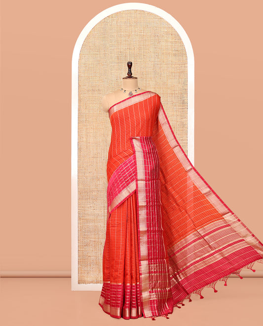 Orange Assam Silk Saree, Masterfully Woven with Zari Checks, Highlighted by a Traditional Zari Border, Striped Pallu, and a Matching Blouse