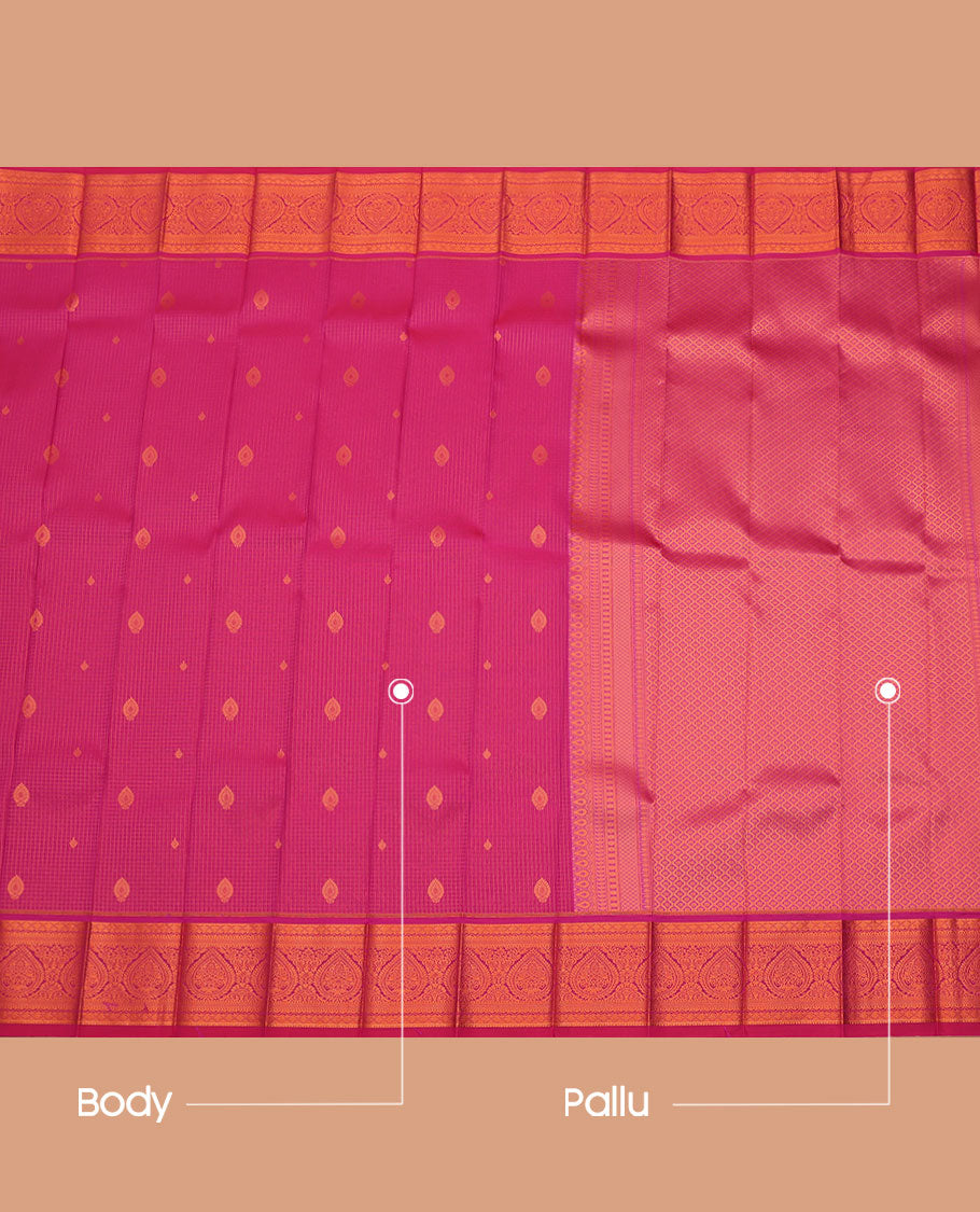 Pink Budget Silk Saree, Adorned with Zari Butta and Checks All Over Its Body, Highlighted by an Intricate Design Border, Jaal Pallu, and Paired with a Matching Blouse