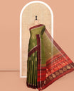 Green Silk Cotton Saree, Detailed with Zari Buttas, a Contrast Border, Contrast Zari Woven Pallu, and a Contrast Blouse